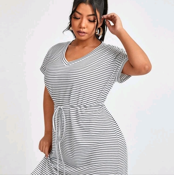 chic | Dresses | New Plussize Black And White Striped Dress Wwaist Tie Belt  | Poshmark